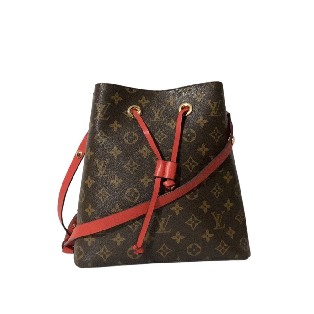Designer Inspired Brown Monogram Leather Bucket Bag with Red Trim